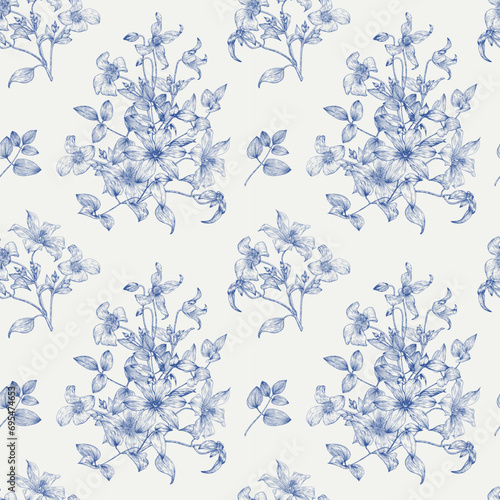 Vintage seamless pattern toile art with bouquet flowers of Clematis blue. Hand drawn elements Monochrome. Vector floral background