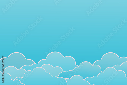 blue background. Horizontal banner with blue sky paper cut clouds for Valentine's day sale header or voucher template with cloudscape border frame pastel colours 3d vector illustration. 