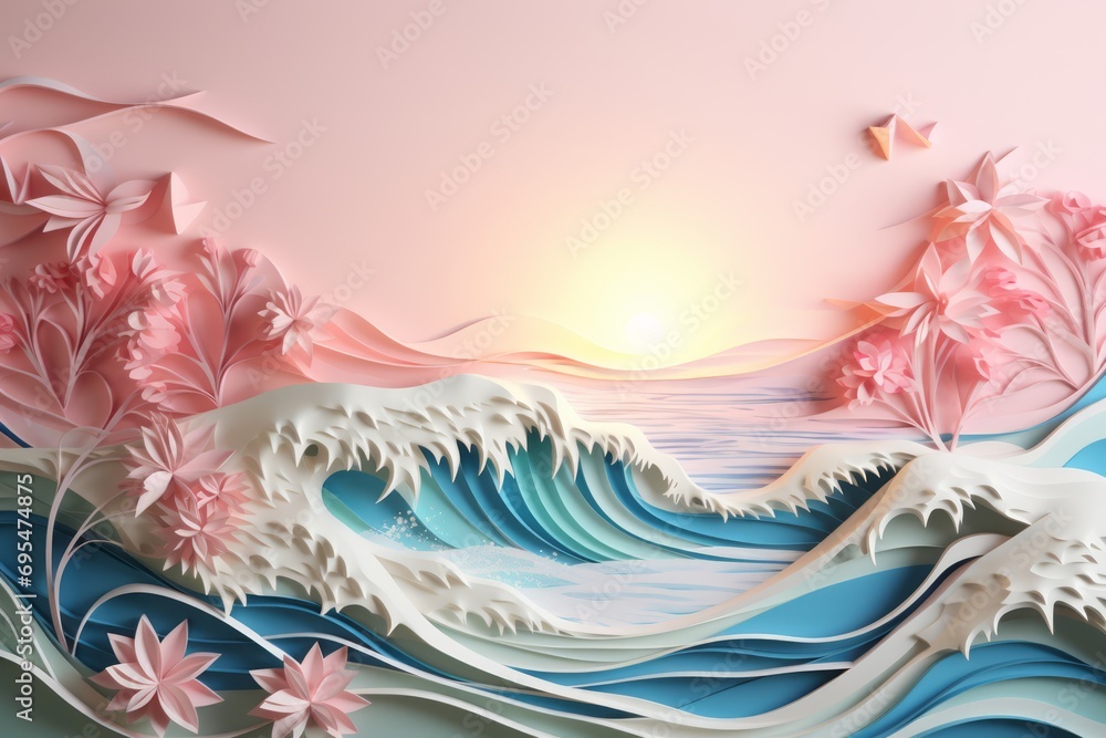 Summer paradise beach papercut style background. Beach with palm trees, sun, tropical plants and flowers. Summer paradise beach papercut style background. Beach with palm trees, sun, tropical plants and flowers.