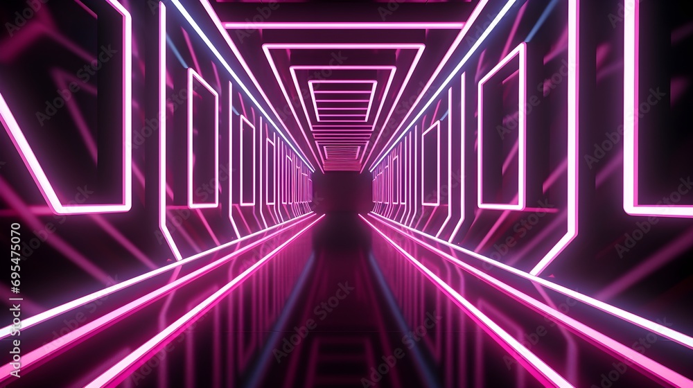 A corridor with black bars and Pink and white light behind it, in the style of optical geometry, 8k 3d, strong diagonals, neon lights, minimalist stage designs, zigzags, neon and fluorescent light A corridor with black bars and Pink and white light behind it, in the style of optical geometry, 8k 3d, strong diagonals, neon lights, minimalist stage designs, zigzags, neon and fluorescent light