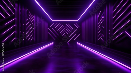 A corridor with black bars and purple and white light behind it, in the style of optical geometry, 8k 3d, strong diagonals, neon lights, minimalist stage designs, zigzags, neon and fluorescent light 