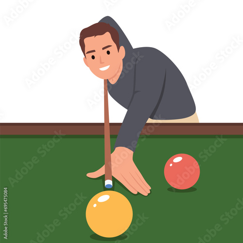 Playing billiard. Close up shot of a man playing billiard. Flat vector illustration isolated on white background