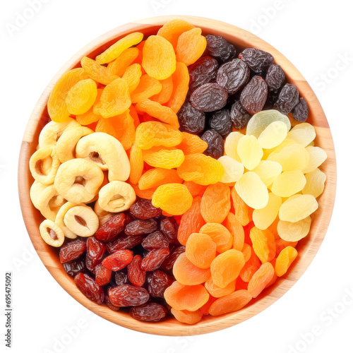 bowl of dried fruits top view isolated on a transparent background