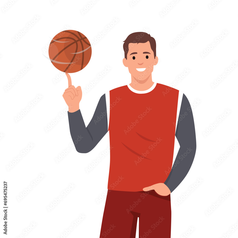 Professional basketball player spinning ball on his finger with hand inside pocket. Flat vector illustration isolated on white background