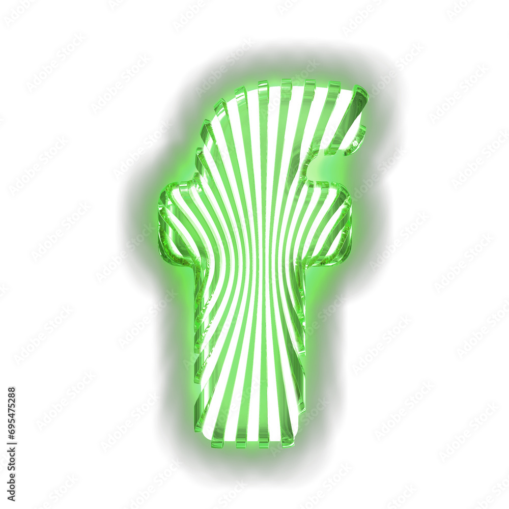 White symbol with ultra thin green luminous vertical straps. letter f White symbol with ultra thin green luminous vertical straps. letter f