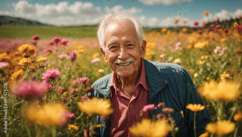 Bel signore pensionato di 80 anni felice in un prato fiorito pieno di fiori colorati in primavera photo