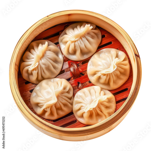 Chinese dumplings in bamboo steamer top view isolated on a transparent background