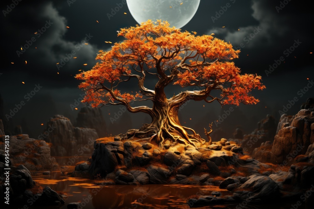 a painting of a tree in the middle of a rocky area with a full moon in the sky above it and a full moon in the sky in the background. a painting of a tree in the middle of a rocky area with a full moon in the sky above it and a full moon in the sky in the background.
