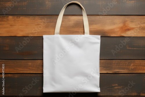 Mock-up of a white cloth bag on a wooden background