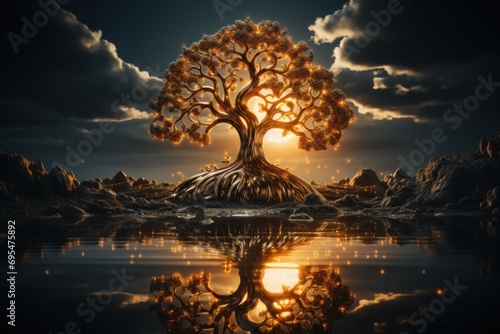  a tree in the middle of a body of water with the sun shining through the clouds and reflecting on the water's surface, with a reflection in the foreground.