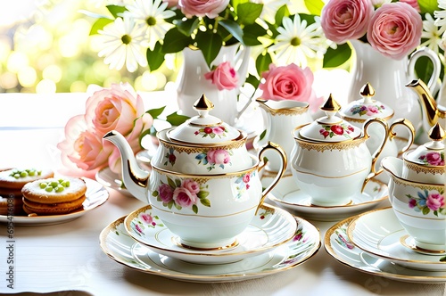 Garden tea party elegance: dainty pastries, delicate china, and the bloom of spring.