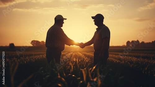 Two farmers shaking hands in corn field