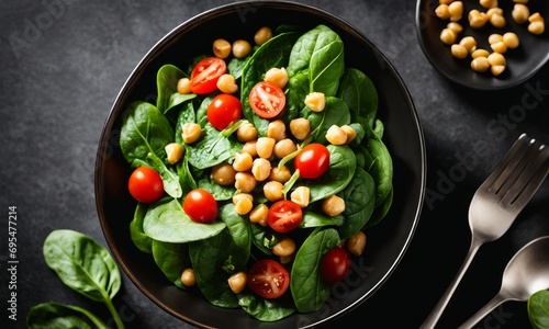 Delicious Bowl of Spinach Salad with Chickpeas, Farro, Avocado and Tomatoes Isolated on a Background, Generative AI