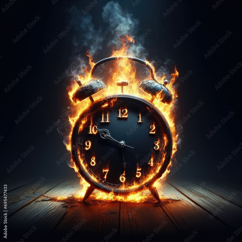 Clock on fire with smoke, burning time, late alarm warning, urgent or close Deadline punctual alert time concept. Generative AI - obrazy, fototapety, plakaty 