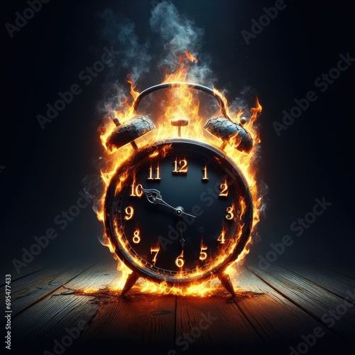 Clock on fire with smoke, burning time, late alarm warning, urgent or close Deadline punctual alert time concept. Generative AI photo