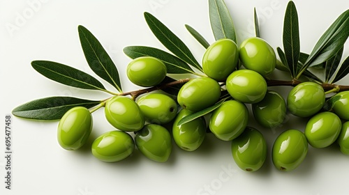  a bunch of green olives sitting on top of each other on top of a green leafy branch with green leaves on top of the branch and a white background.