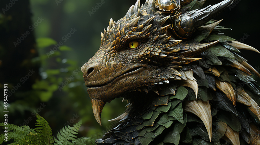 Close-up of the head of a green wooden dragon warrior in the jungle Close-up of the head of a green wooden dragon warrior in the jungle