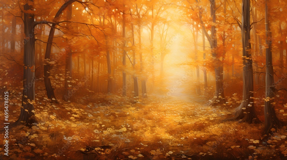 Beautiful autumn forest landscape with fog and sun rays - panorama