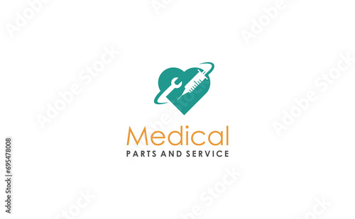 medical parts and service logo design. health care love syringe vector