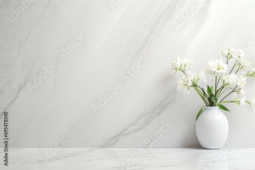 Elegant White Freesia Flowers in Minimalist Vase on Marble Background