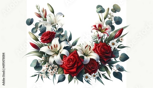 A watercolor illustration of a floral bouquet featuring red and white flowers with eucalyptus greenery. The bouquet includes bright red roses