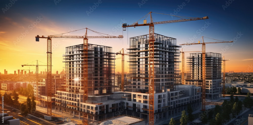 City building construction sites development and tower cranes.
