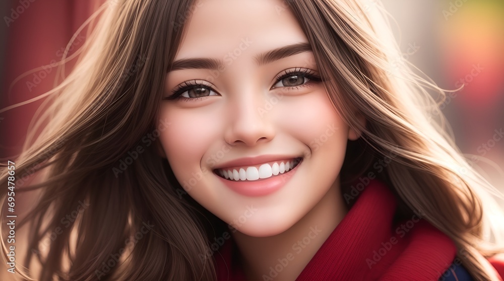 Fototapeta premium A stunning young woman with flowing brown hair.