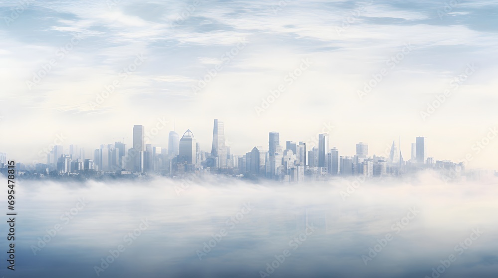 Panoramic view of a foggy city in the morning.