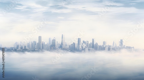 Panoramic view of a foggy city in the morning.