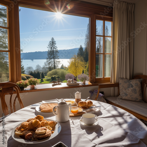 A breakfast table in a bed and breakfast room with a view of a lake  photo