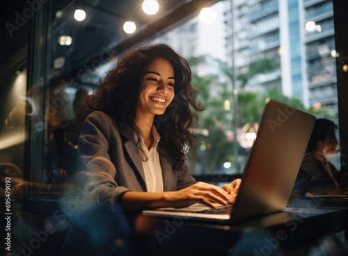 happy businesswoman working on laptop in office with colleagues 
