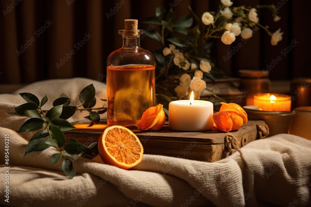  a bottle of orange juice sitting on top of a table next to an orange slice and a candle on top of a wooden box with a flower arrangement in the background.