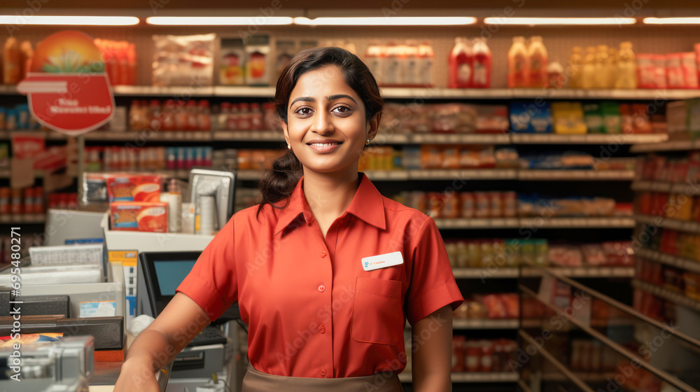 Young and confident female cashier standing at supermarket.