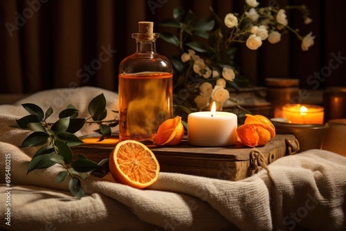 a bottle of orange juice sitting on top of a table next to an orange slice and a candle on top of a wooden box with a flower arrangement in the background.