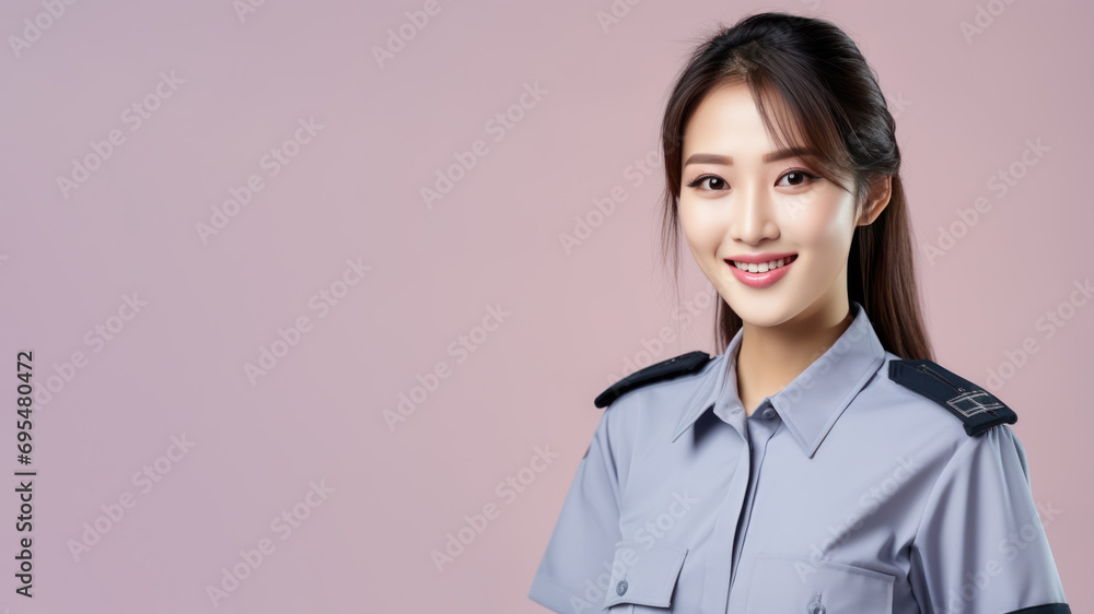 Asian woman in security guard uniform isolated on pastel background Asian woman in security guard uniform isolated on pastel background