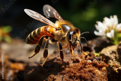  a close up of a bee on a rock with a flower in the foreground and a blurry background to the left of the image, with a blurry background. © Nadia