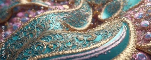 a close up of a blue and gold mask