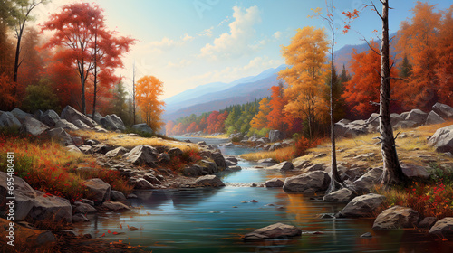 Herbstliche Flusslandschaft mit farbenprächtigen Bäumen und ruhigem Wasser photo