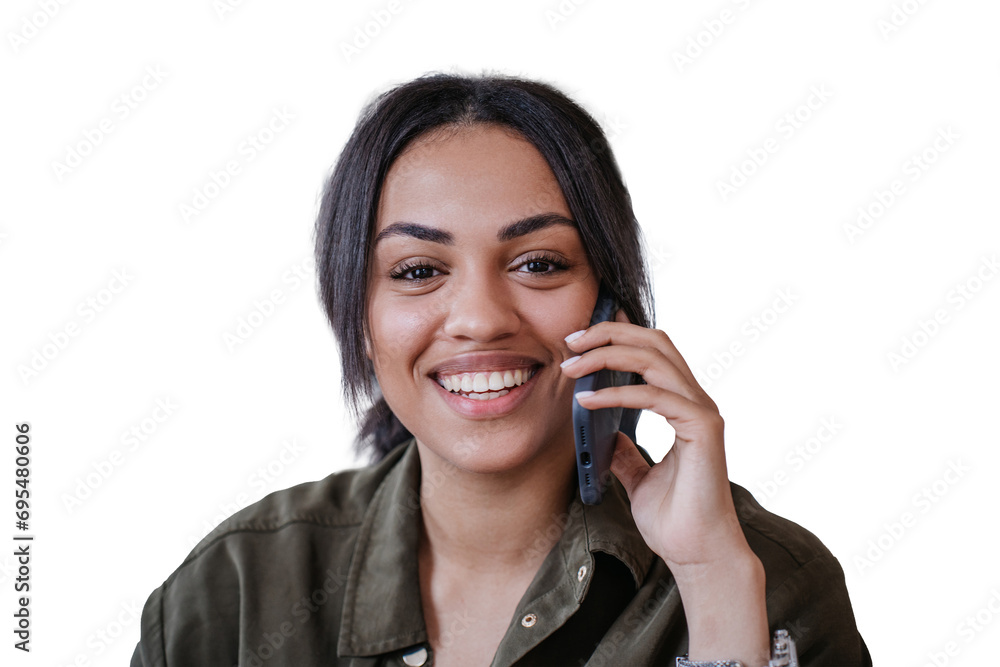 Φωτογραφία Close up portrait of cheerful African American woman looking at camera talking by phone, received great news