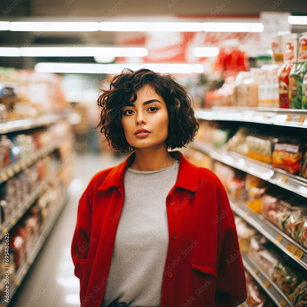 young woman standing in supermarket