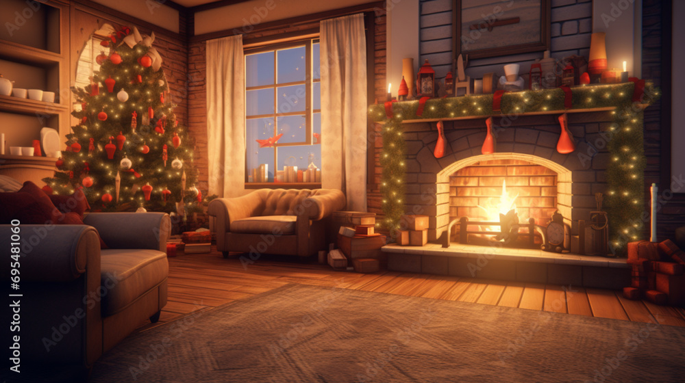 Christmas living room with fireplace