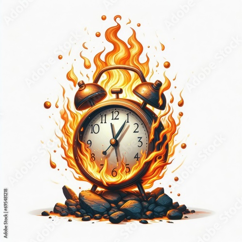 Clock on fire with smoke, burning time, late alarm warning, urgent or close Deadline punctual alert time concept. Generative AI