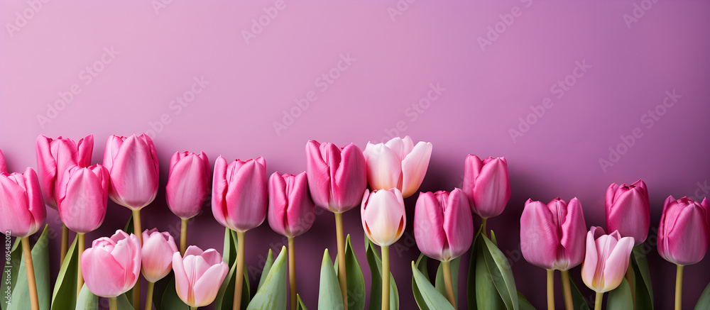 Purple tulips on an isolated pastel background with copy space, - obrazy, fototapety, plakaty 