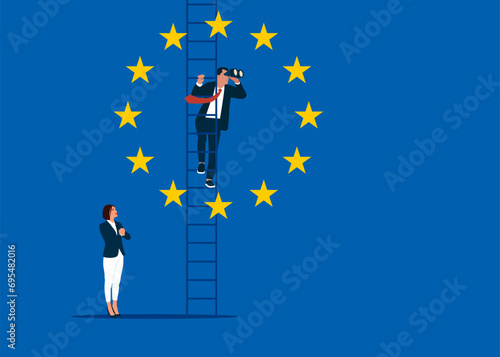 Smart politician climb up ladder look through binocular visionary. Leadership discovery or searching for success in European Union. Flat vector illustration