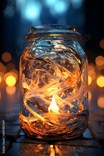 Candle in a glass jar on a background of bokeh