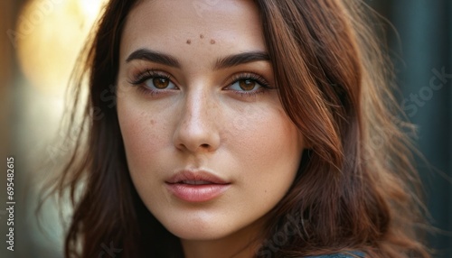  a close up of a woman's face with frecks on her hair and brown eyeshadow. photo