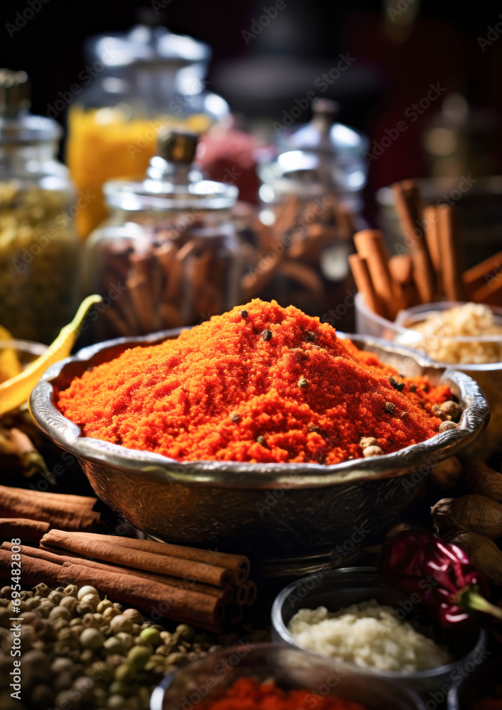 Indian spices arrange in the pot