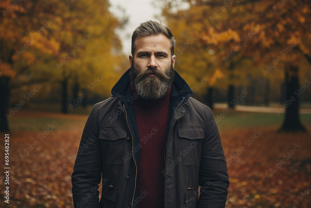 Generative AI portrait of attractive young man outdoors autumn landscape