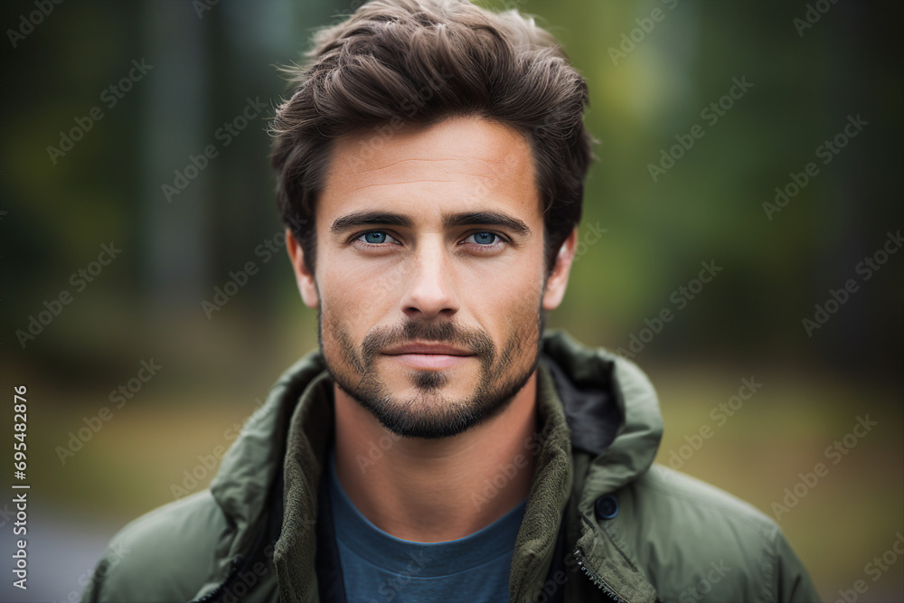 Generative AI portrait of attractive young man outdoors autumn landscape