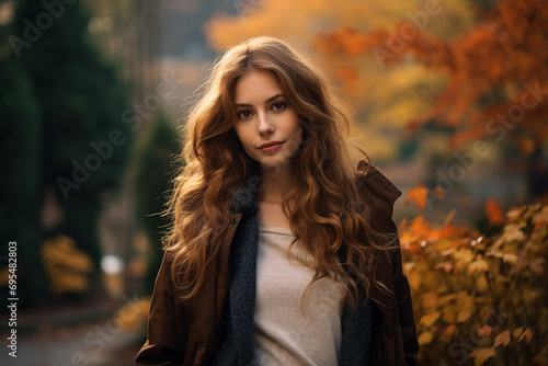 Generative ai photo of gorgeous stunning lady walking in autumn park